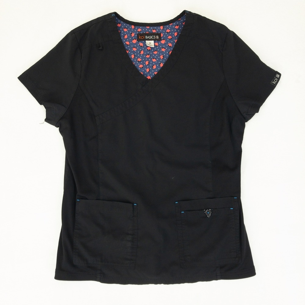 Koi Basics Scrub Top Womens Medium Black Mock Wrap V-Neck Short Sleeve Pockets